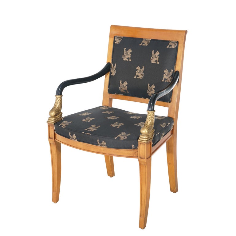 French Empire Figural Ebonized Giltwood Armchair with Dolphins by Century 20thC