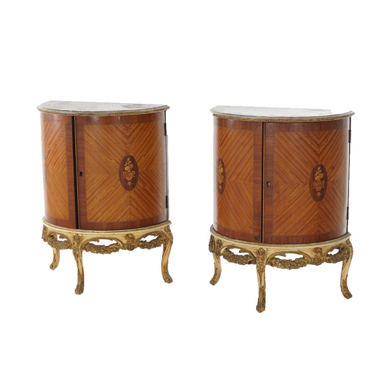 Two Antique Antique French Satinwood Inlaid Marquetry Demilune Side Tables C1920
