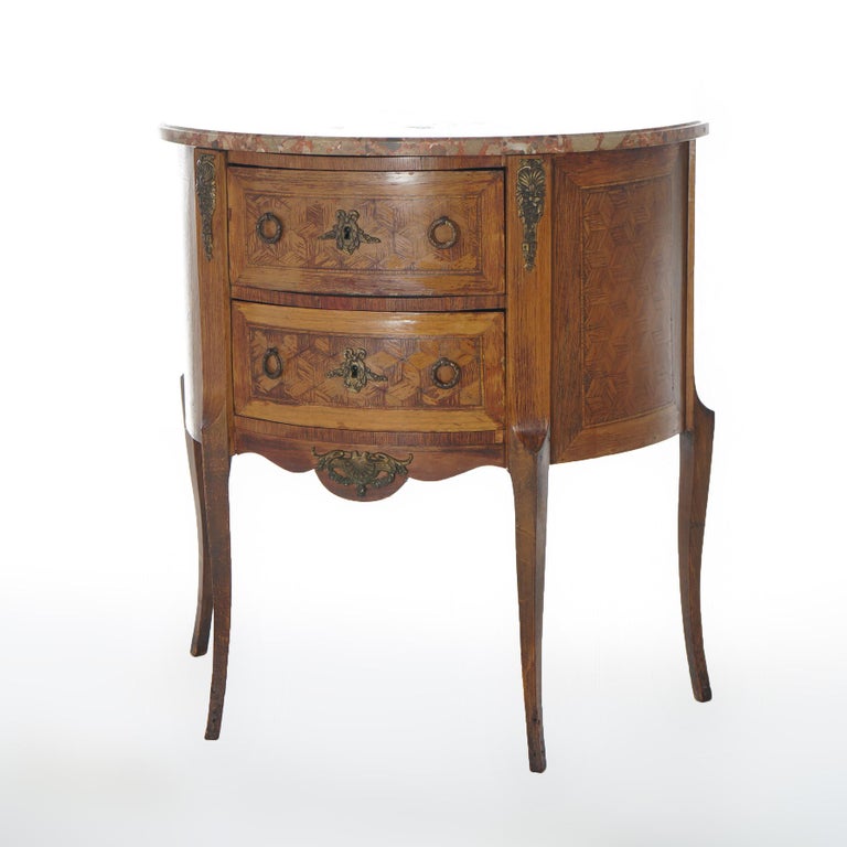 AntiqueFrench Demilune Kingwood, Satinwood & Spécimen Marble Side Table c1920