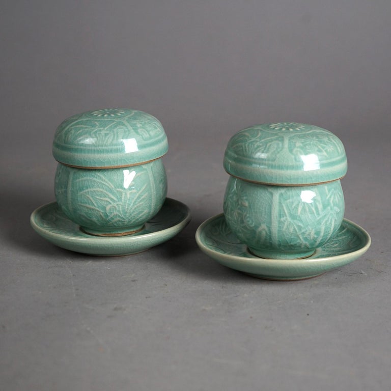Pair of Antique Chinese Celadon Stamped Teacups with Inserts C1930