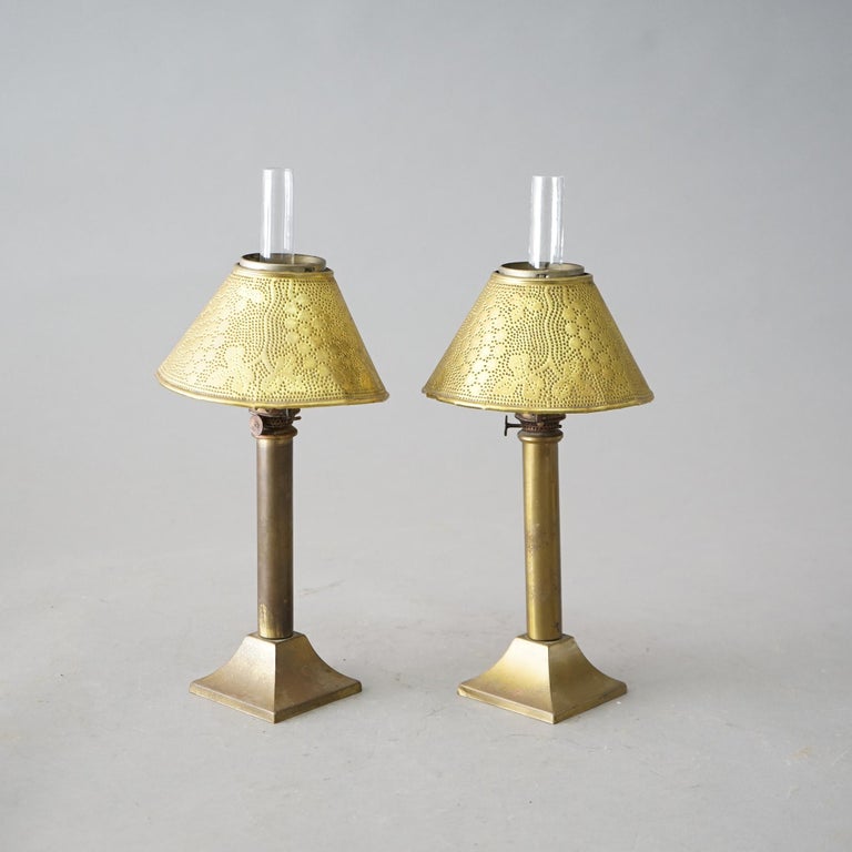 Antique Pair Arts & Crafts Miniature Oil Lamps with Stamped Brass Shades C1900