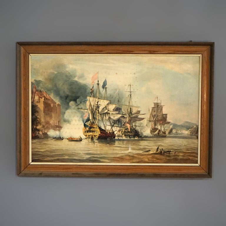 Mid Century Modern Seascape Print with Tall Mast Ships after Chambers C1950’s
