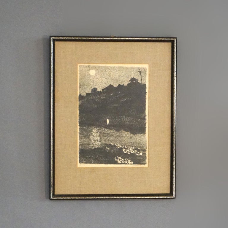 Mid Century Modern Impressionist Litho Night Scene Pencil Titled & Signed
