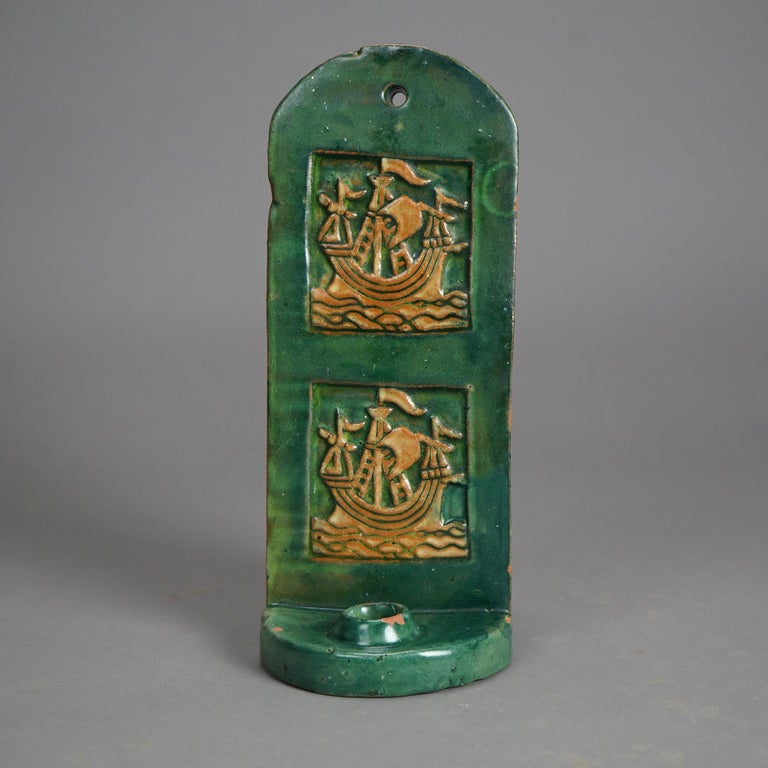 Antique Monmouth Pottery Slab Terra Cotta Candle Sconce, Bucks County, c1910