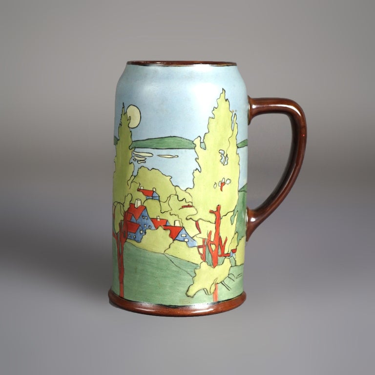 Antique Arts & Crafts Wesley Dow School Scenic Porcelain Tankard Circa 1900