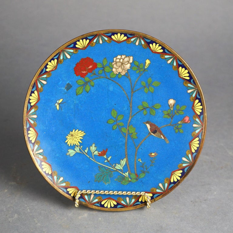Antique Japanese Meiji Cloisonné Enameled Charger with Flowers & Bird C1920