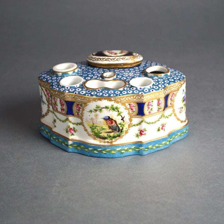 Antique Sevrés Porcelain Polychrome & Gilt Decorated Inkwell with Bird C1890