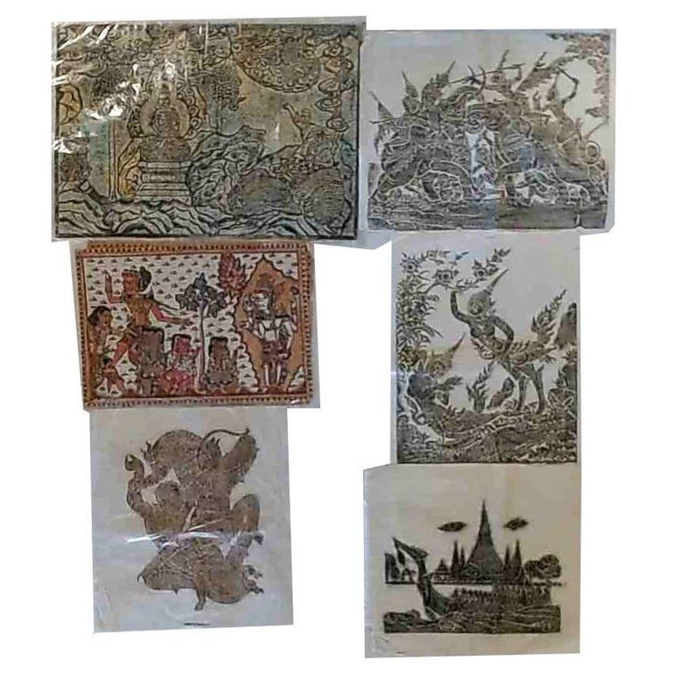 Antique Asian Siamese Impressions on Canvas with Watercolor C1920