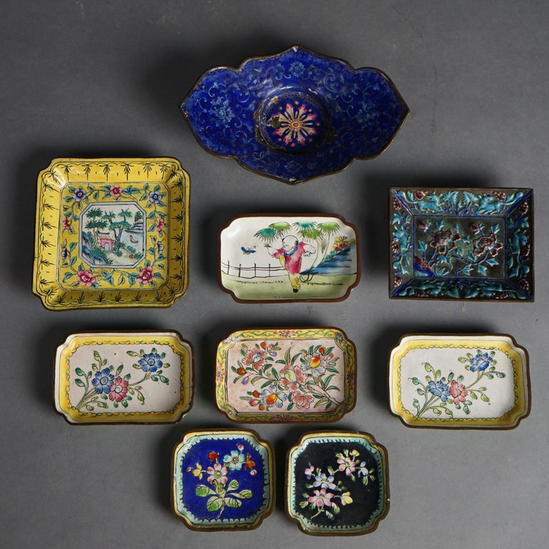 Nine Antique Chinese Cloisonne Enameled Saucers C1920