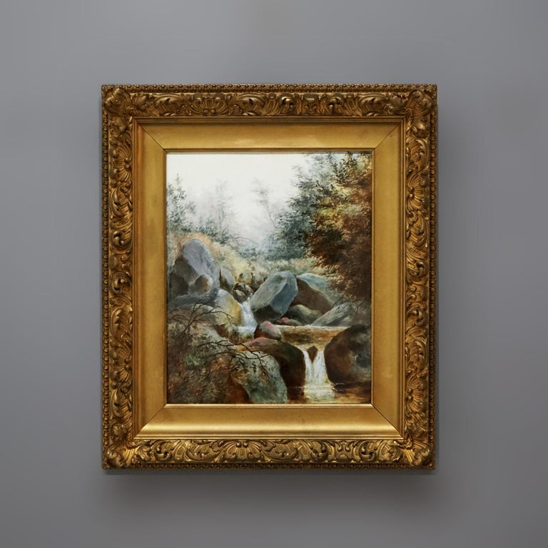 Antique KPM Berlin Continental Porcelain Plaque, Landscape with Waterfall, C1880