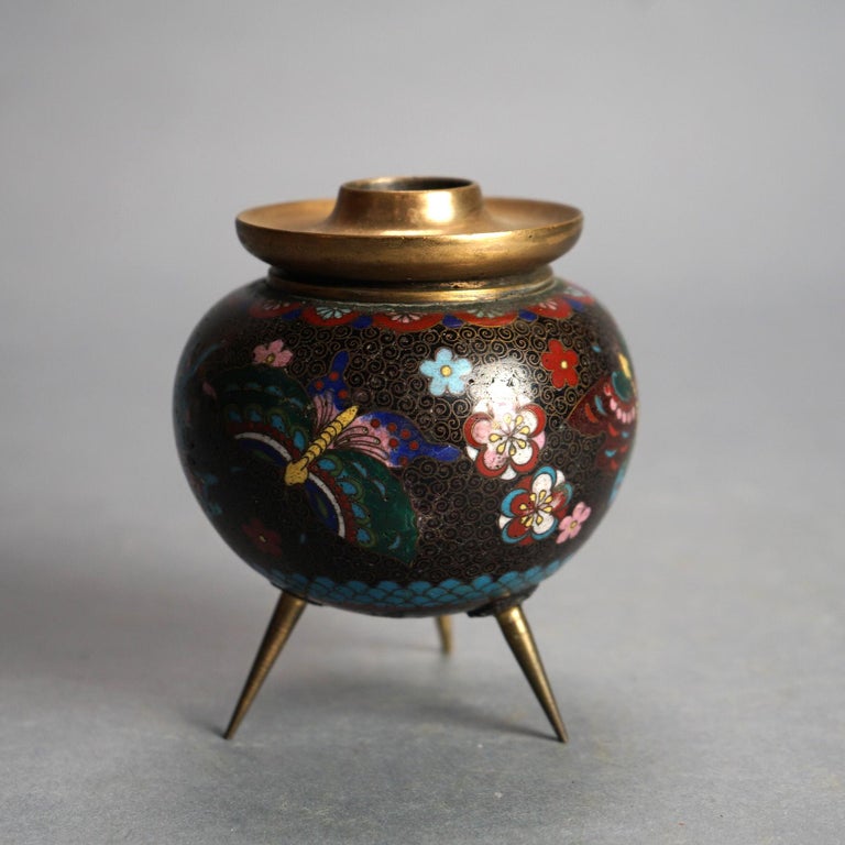 Antique Japanese Cloisonne Enameled Footed Candleholder with Butterflies C1920