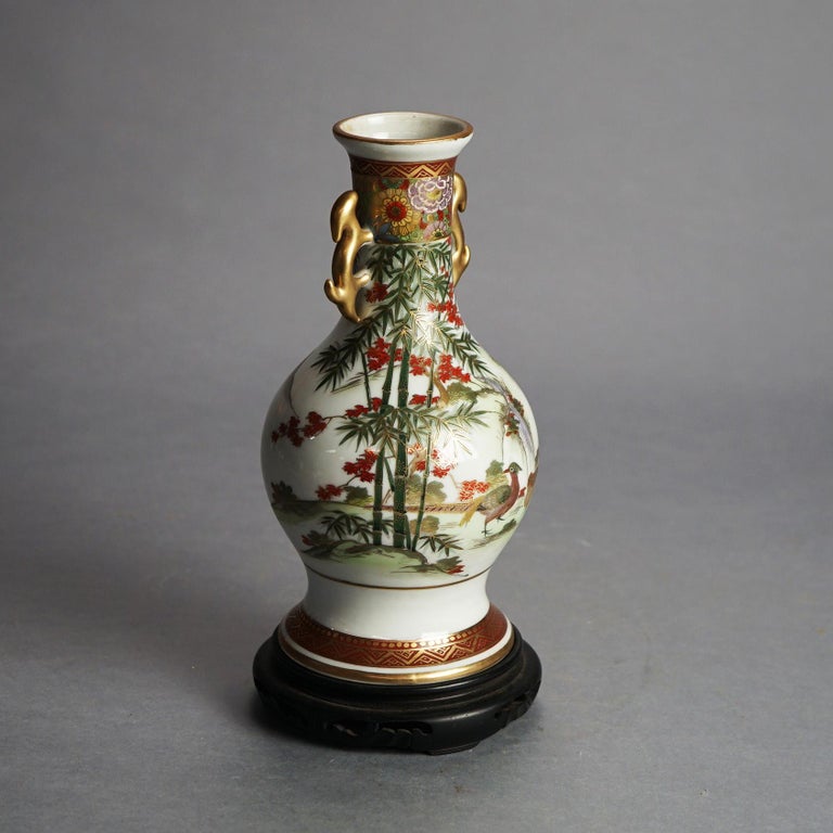 Antique Japanese Satsuma Hand Painted & Gilt Porcelain Vase on Wood Stand C1920