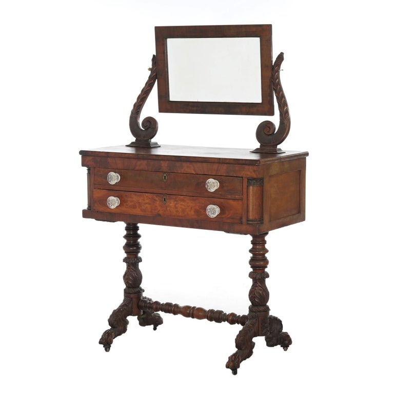 Antique American Empire Carved Mahogany Dressing Table with Mirror C1840