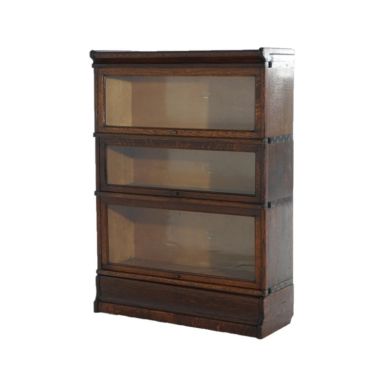 Antique Macey Arts & Crafts Three-Stack Oak Ogee Base Barrister Bookcase C1920