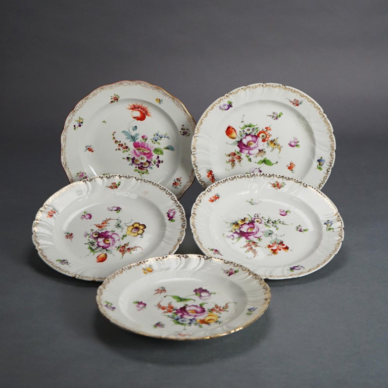 Five Antique Meissen Porcelain Plates with Hand Painted Flowers & Gilt C1900