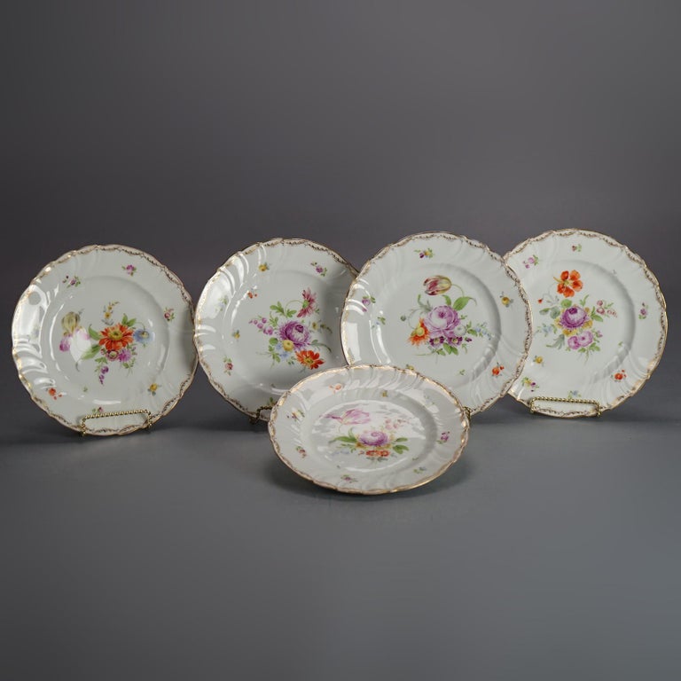 Five Antique German Dresden Porcelain Plates with Hand Painted Flowers c1900