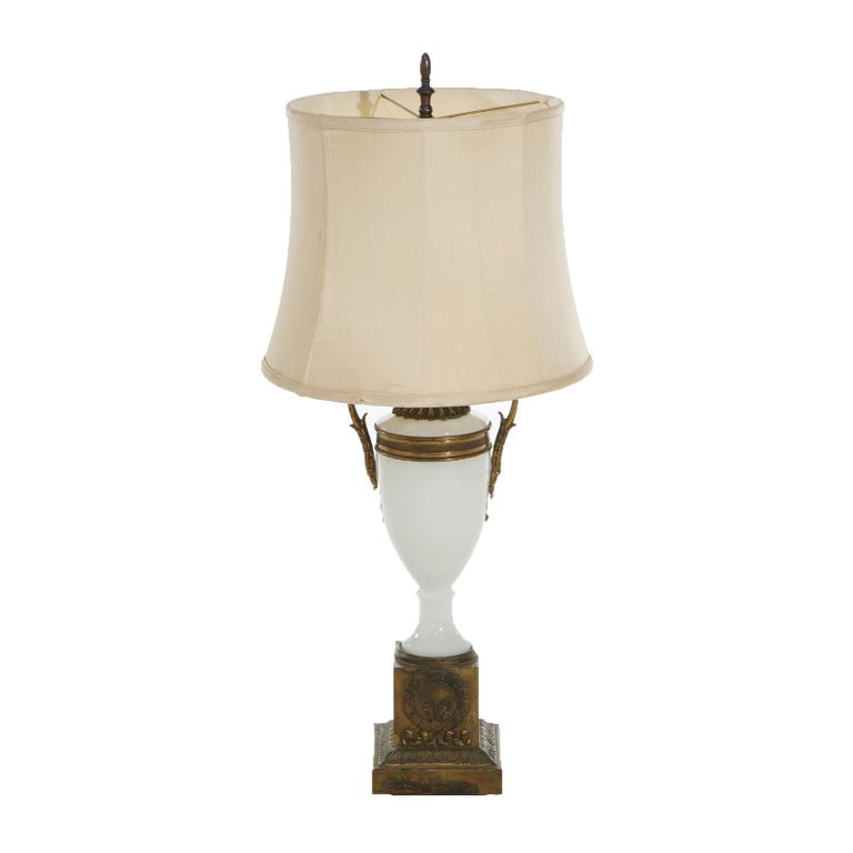 Antique Neoclassical Bronze and Opaline Glass Urn Form Table Lamp C1920
