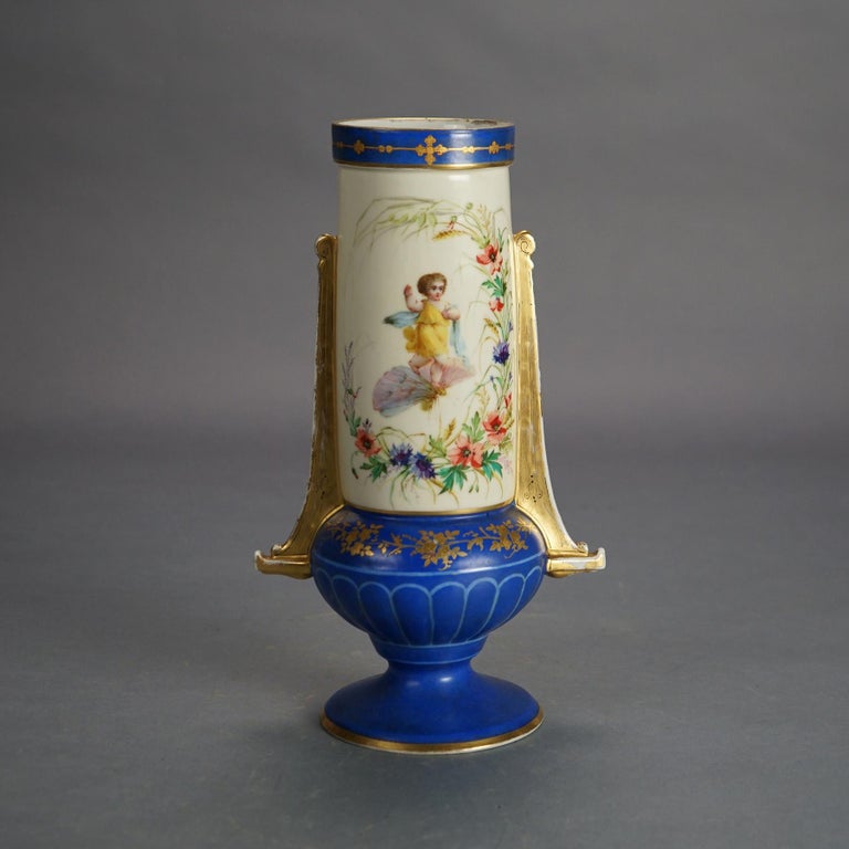 Antique Old Paris Porcelain Portrait Vase with Young Girl & Gilt Highlight C1890