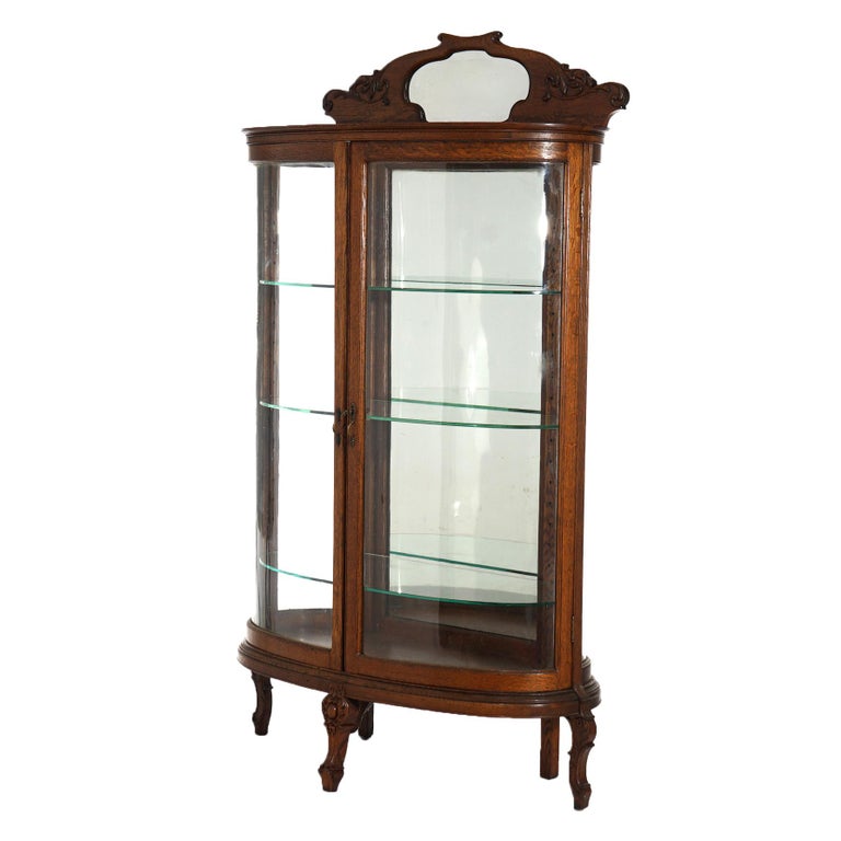 Antique RJ Horner School Carved Oak & Curved Glass Mirrored China Cabinet C1910