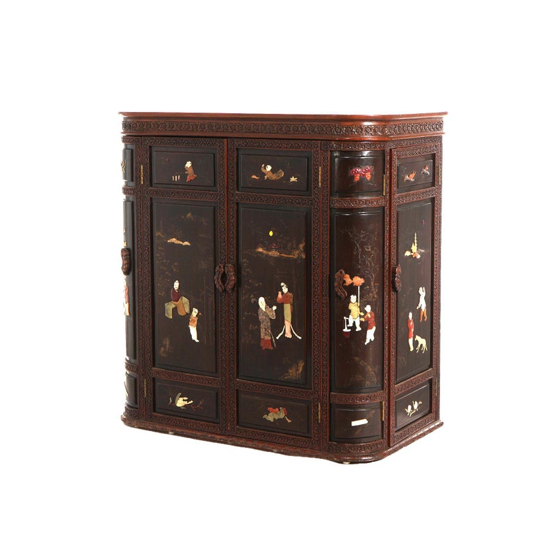 Vintage Japanese Chinoiserie Ebonized Mahogany and Inlaid Bar with Figures C1930
