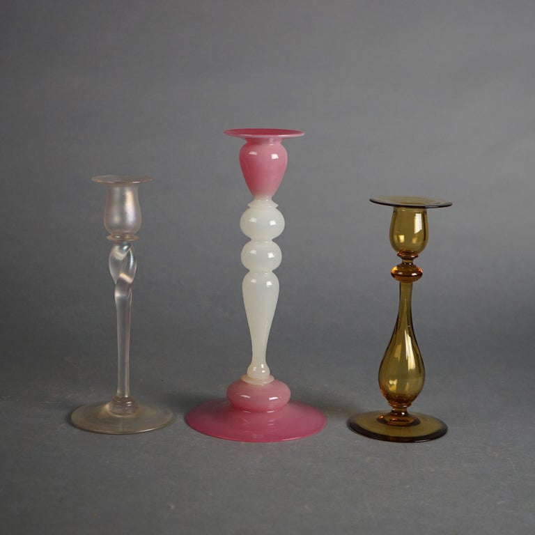 Three Antique Arts & Crafts Steuben Art Glass Candlesticks C1930