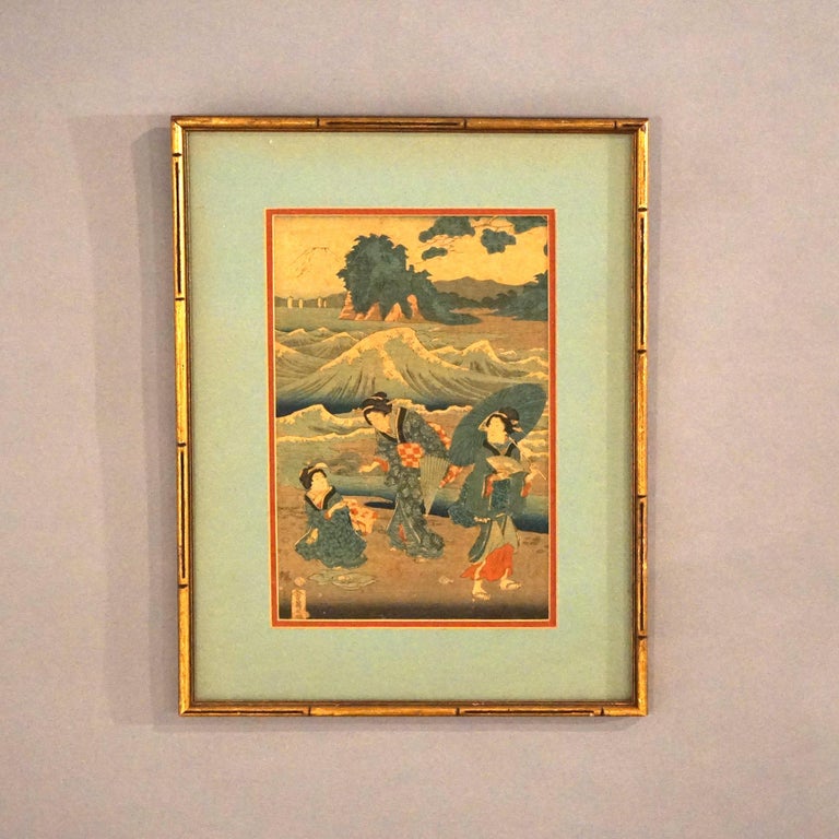 Antique Japanese Woodblock Print by Sadatora, Exterior Genre Scene, C1920
