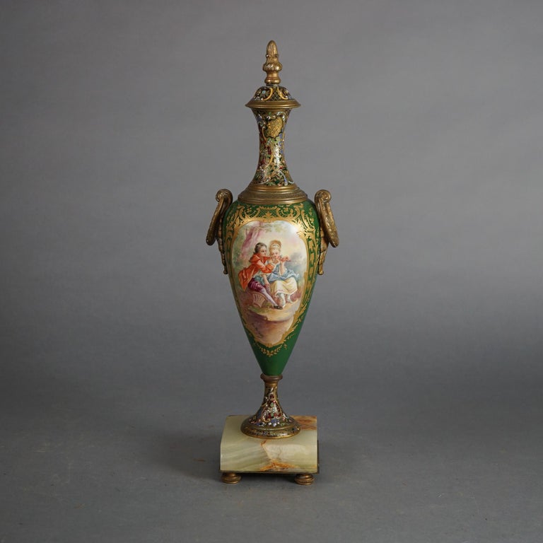 Antique French Sevrés Porcelain & Enameled Portrait Urn with Marble Base c1890