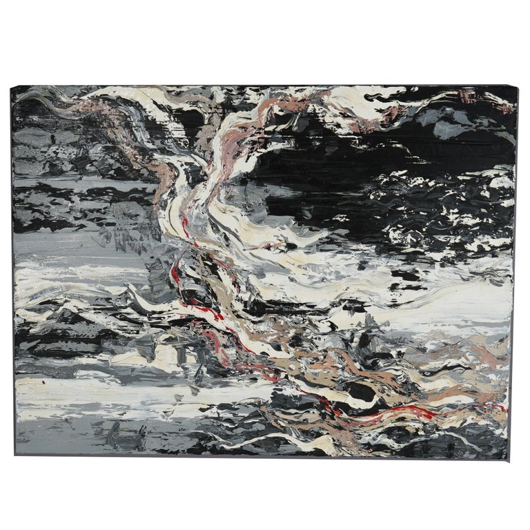 Mid Century Modern Abstract Impressionist Oil on Canvas, Grey Tones, 20thC