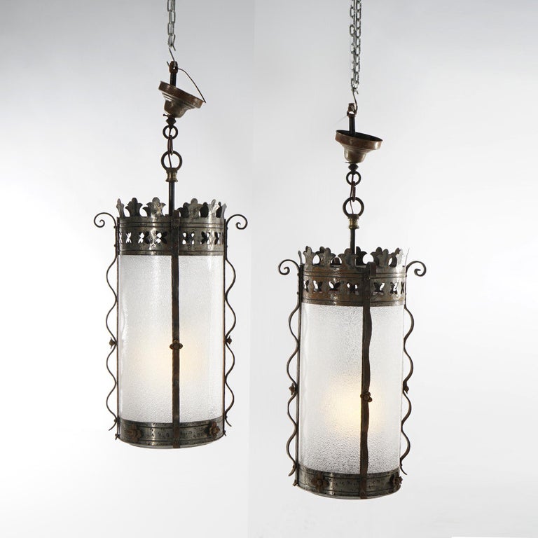 Three Gothic Yellin & Bach Style Arts & Crafts Wrought Iron Hanging Lights C1920