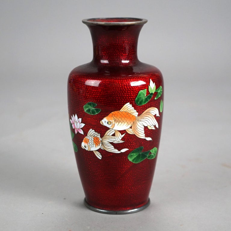 Antique Japanese Cloisonne Enameled Vase with Koi Fish Decoration C1930