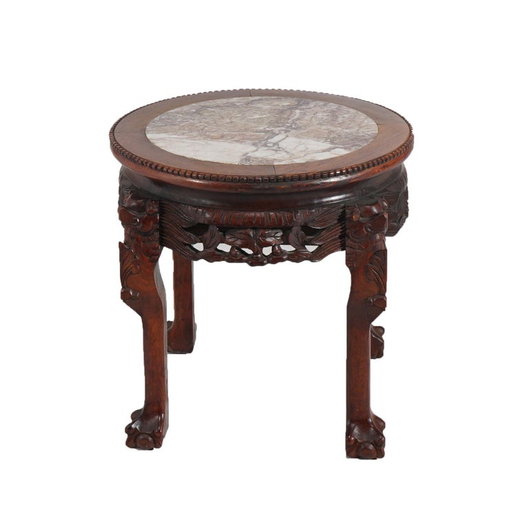 Chinese Deeply Carved Hardwood & Inset Marble Round Plant Stand 20thC