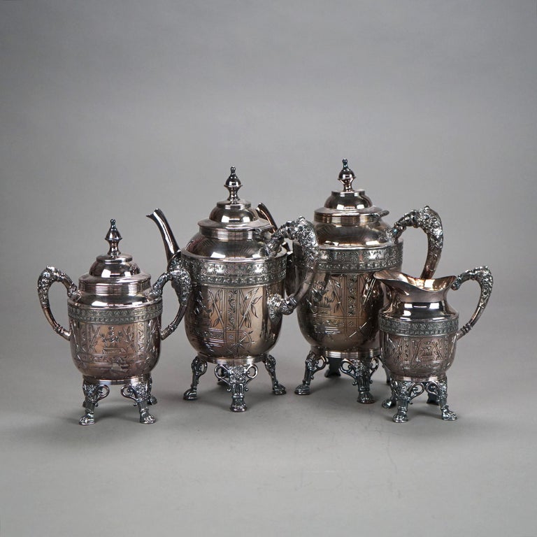 Four Piece Antique Silver Plated Footed Tea Set C1890