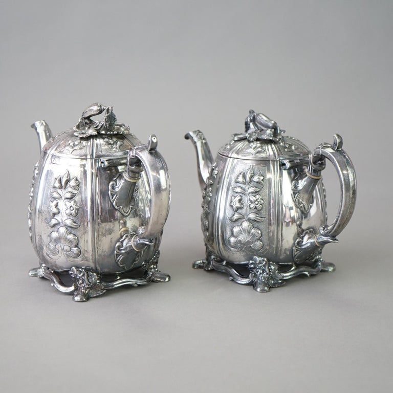 Two Antique English Sheffield Silver Plated Tea Pots with Garden Elements C1890