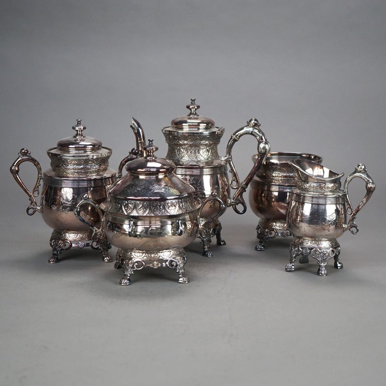 Five Piece Antique Clawfoot Silver Plated Tea Set C1890