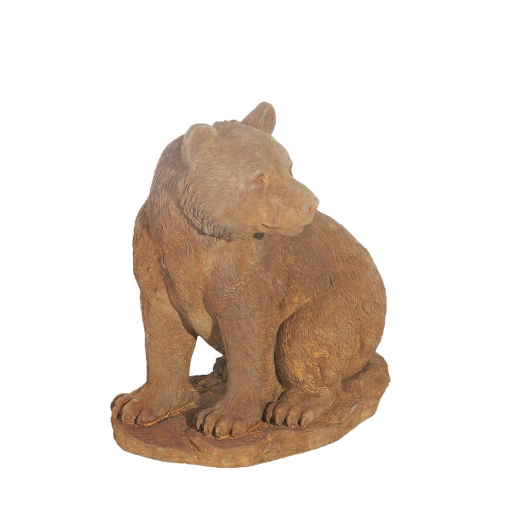 Bronzed Cast Hardstone Seated Black Bear Cub Garden Statue 20thC