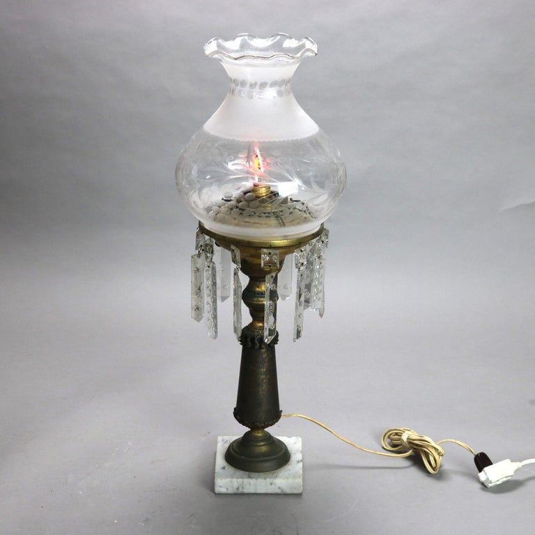 Antique Cornelius School Sinumbra Argand Bronze Crystal & Marble Solar Lamp