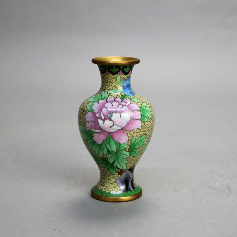Antique Chinese Cloisonne Enameled Vase With Peonies 20thC
