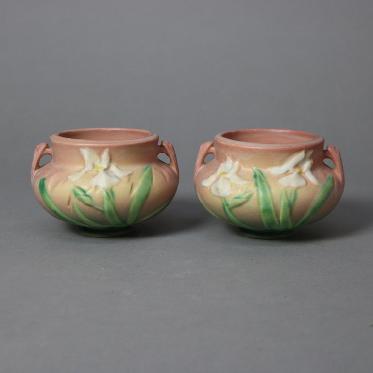 Two Pieces of Pink Roseville Art Pottery with Iris Pattern Mid 20thC