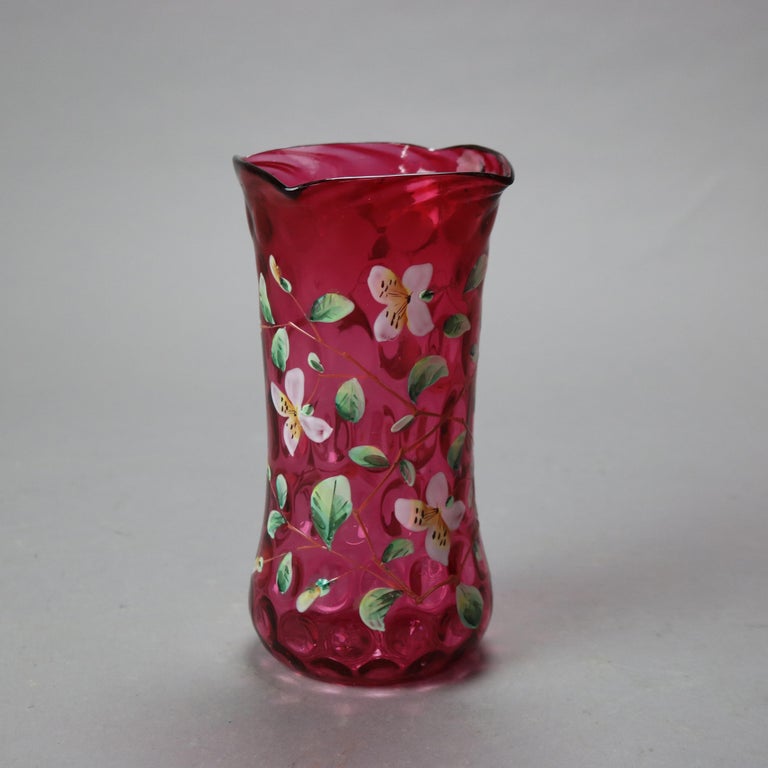 Antique Mt Washington Style Hand Enameled Floral Cranberry Coin Spot Vase c1900