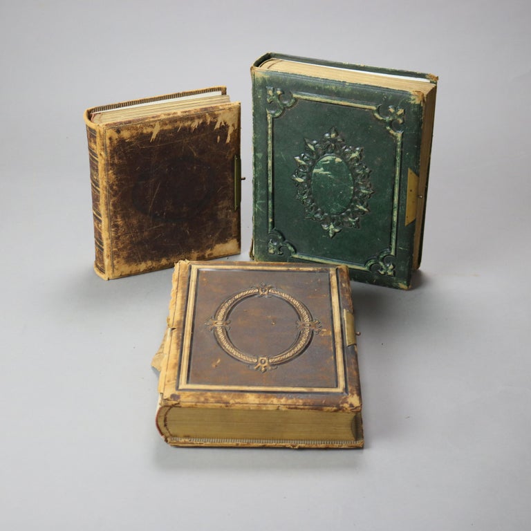 Three Antique Leather & Brass Photo Albums with Photos 19thC