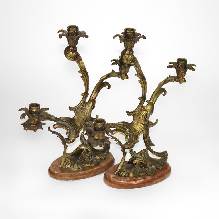 Pair of Antique French Rococo Bronze Candelabras with Marble Bases C1890