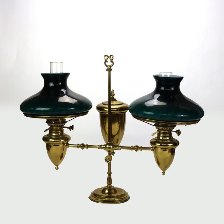 Antique Brass Double Student Lamp With Emerald Case Shades c1910