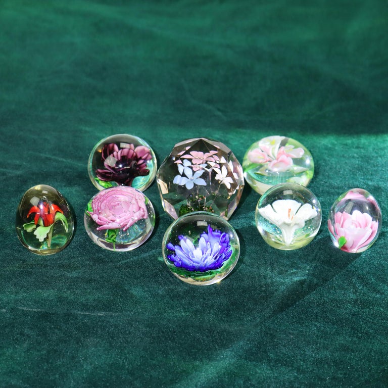 Eight Antique Baccarat School Floral Glass Paperweights c1920