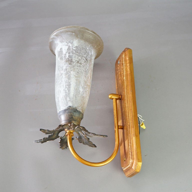 Pair Mid-Century Modern French Style Fleur-de-lis Crackled Glass Wall Sconces