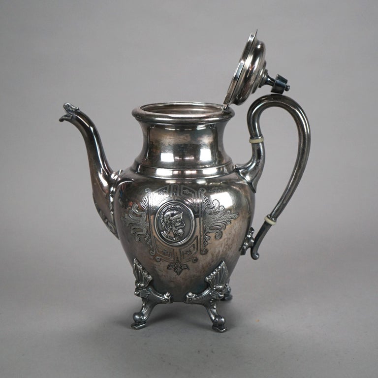 Two Piece Antique Figural Silver Plated Tea Set with Warrior Cameo C1890