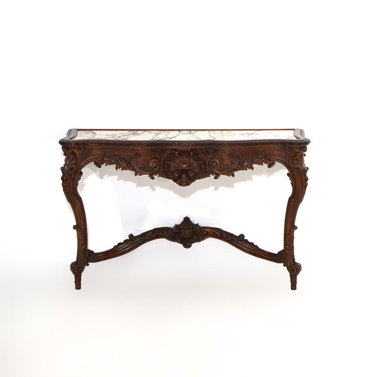 Antique French Rococo Style Carved Walnut & Marble Mirrored Console, c1880