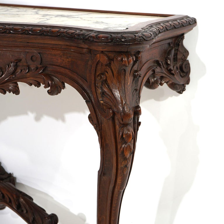 Antique French Rococo Style Carved Walnut & Marble Mirrored Console, c1880