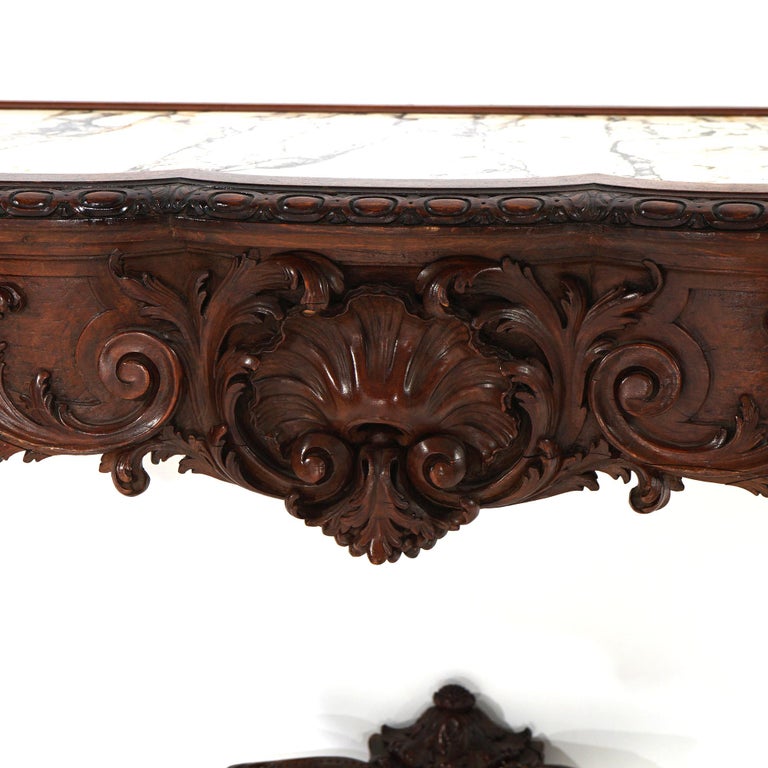 Antique French Rococo Style Carved Walnut & Marble Mirrored Console, c1880