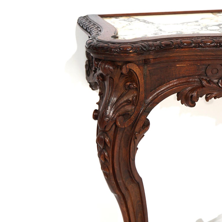 Antique French Rococo Style Carved Walnut & Marble Mirrored Console, c1880