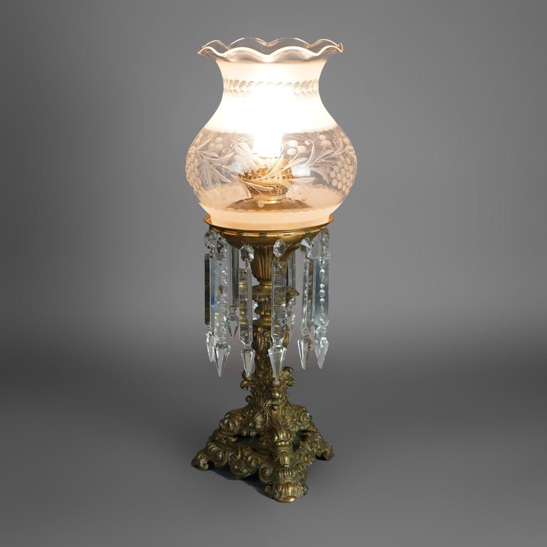 Antique Argand Sinumbra Bronze, Crystal & Brass Solar Lamp, Electrified, c1840